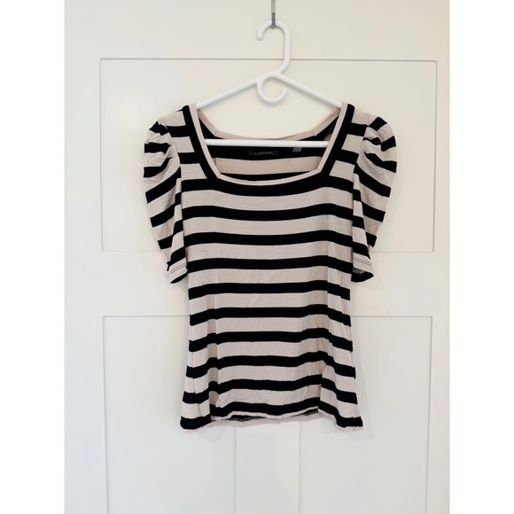 T Tahari Tops - T Tahari Womens Striped Puff Sleeve Square Neck Knit Top Black Beige XS